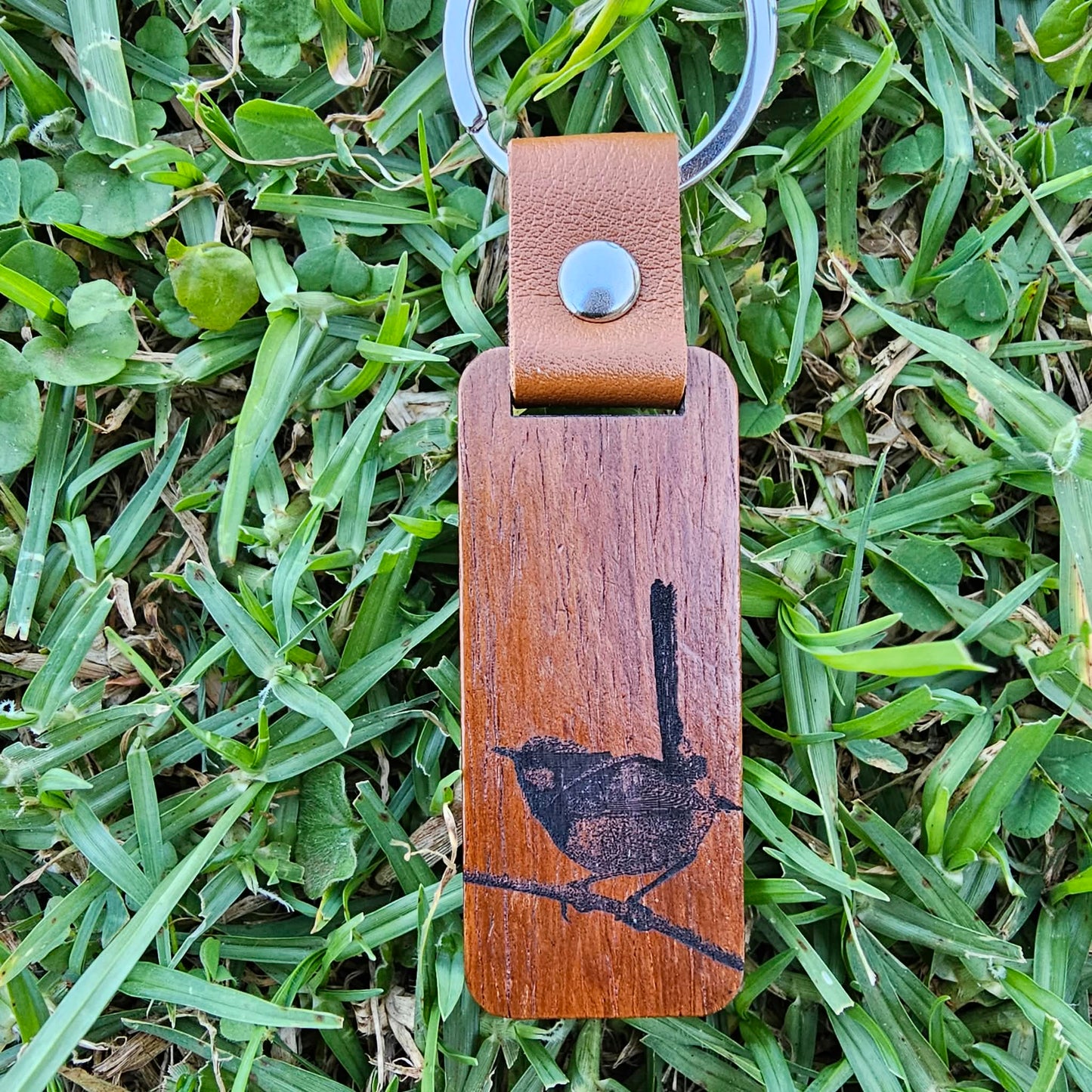 Superb Fairy Wren Australian Native Bird Keyring Wood Faux Leather
