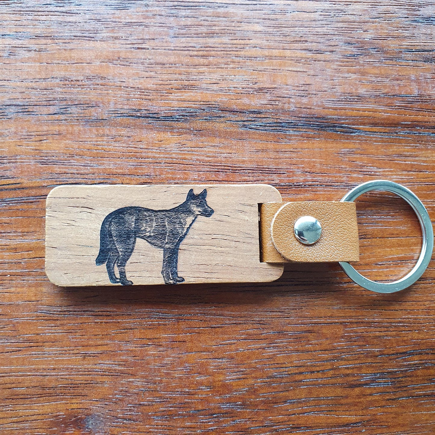 Dingo Australian Native Mammal Keyring Wood Faux Leather