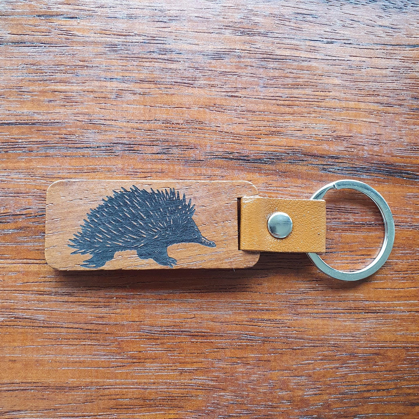Echidna Australian Native Mammal Keyring Wood Faux Leather