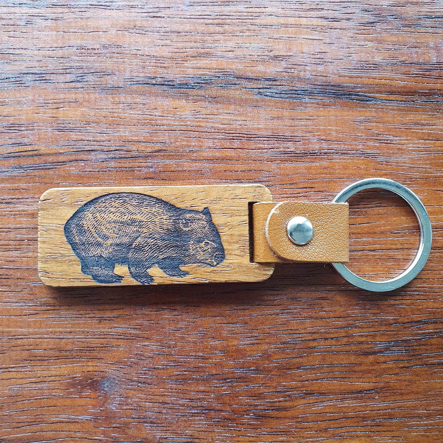 Wombat Australian Native Mammal Keyring Wood Faux Leather