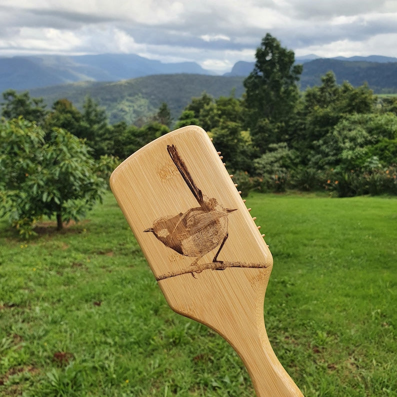 Fairy Wren Australian Native Engraved Bamboo Hairbrush Paddle Rectangle Anti Static