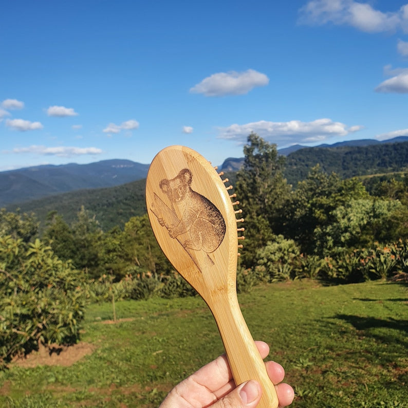 Koala Australian Native Engraved Bamboo Hairbrush Paddle Anti Static