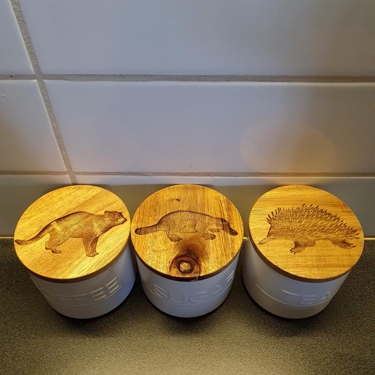 Australian Native Animal Echidna, Platypus, Tasmanian Devil Storage Jars Coffee Tea Sugar Custom Engraved Kitchen