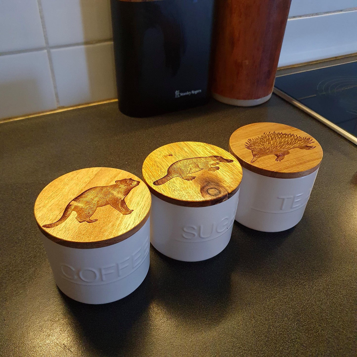 Australian Native Animal Echidna, Platypus, Tasmanian Devil Storage Jars Coffee Tea Sugar Custom Engraved Kitchen