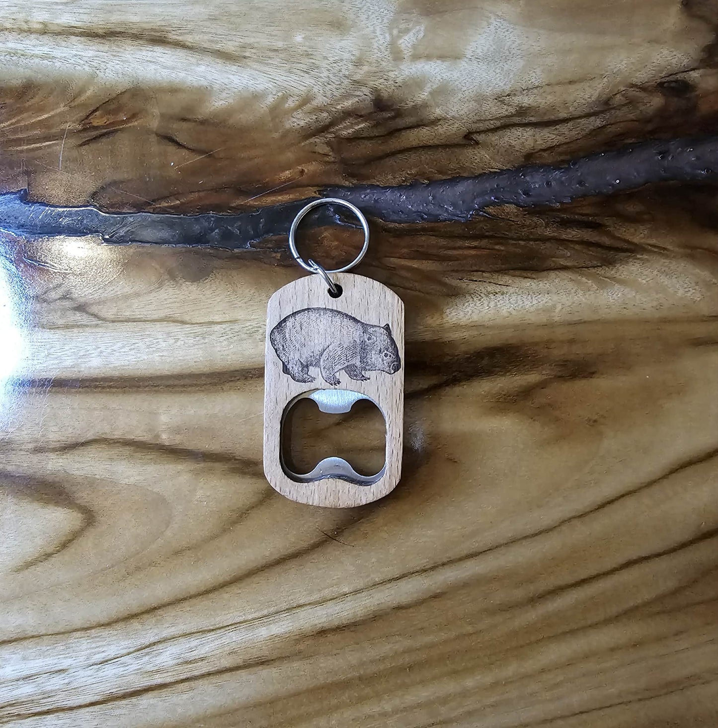 Wombat Australian Native Mammal Wood Bottle Opener Keyring