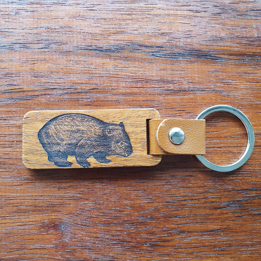 Wombat Australian Native Mammal Keyring Wood Faux Leather