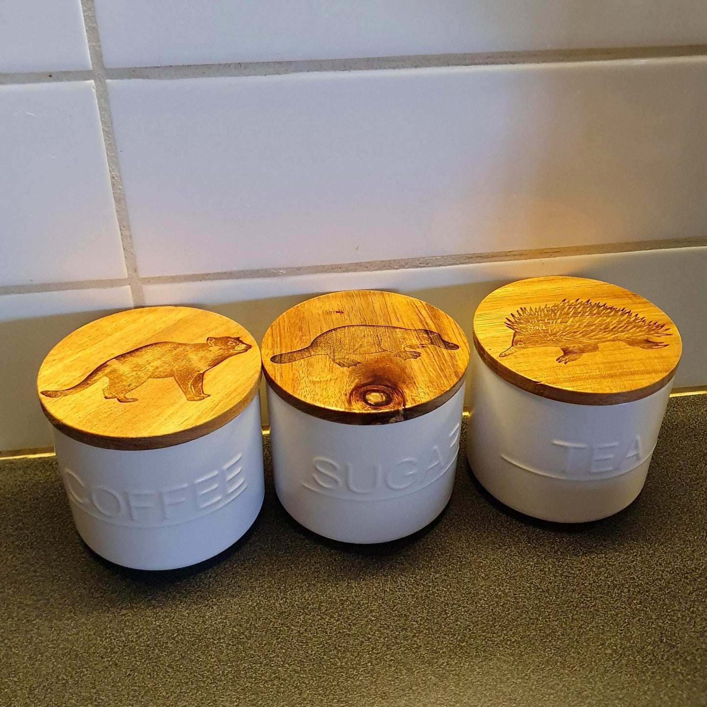 Australian Native Animal Echidna, Platypus, Tasmanian Devil Storage Jars Coffee Tea Sugar Custom Engraved Kitchen