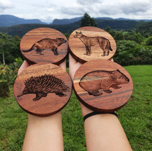 Australian Native Mammal Hardwood Coaster Set Custom Engraved Echidna, Wombat, Tasmanian Devil, Dingo