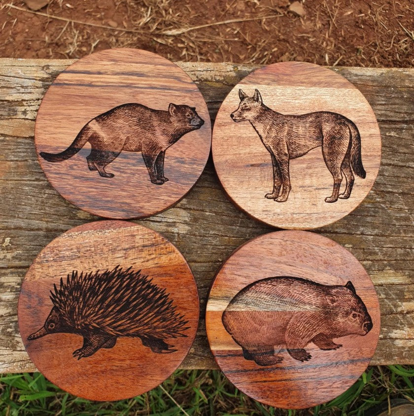 Australian Native Mammal Hardwood Coaster Set Custom Engraved Echidna, Wombat, Tasmanian Devil, Dingo