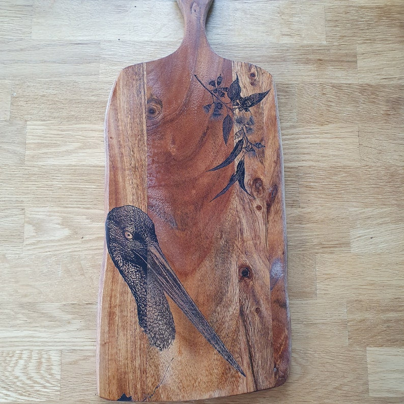 Black-necked Stork Jabiru Custom Engraved Australian Native Hardwood Chopping/Cutting/Serving Paddle Board
