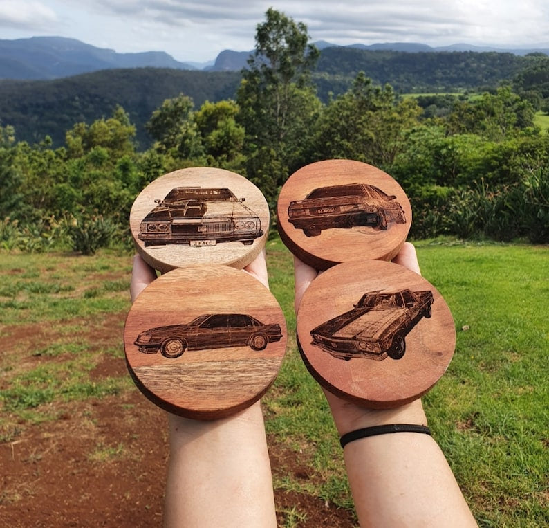 Custom Engraved Car Coaster Set Personalised Muscle Car Hot Rod Man Shed