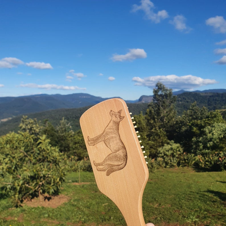 Dingo Australian Native Engraved Bamboo Hairbrush Paddle Rectangle Anti Static