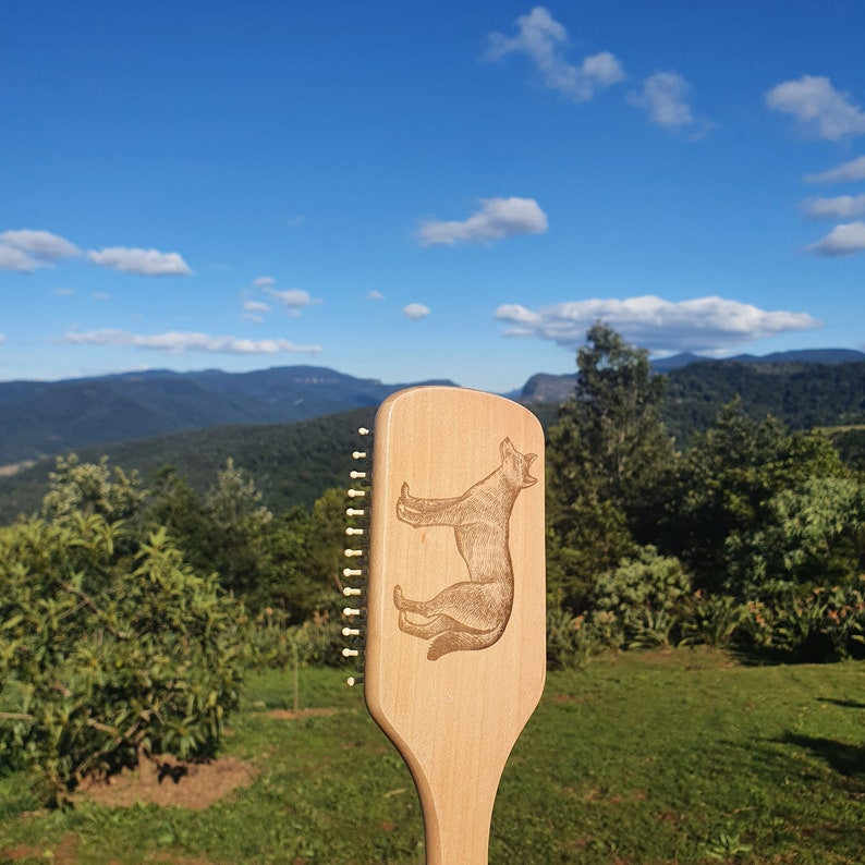 Dingo Australian Native Engraved Bamboo Hairbrush Paddle Rectangle Anti Static