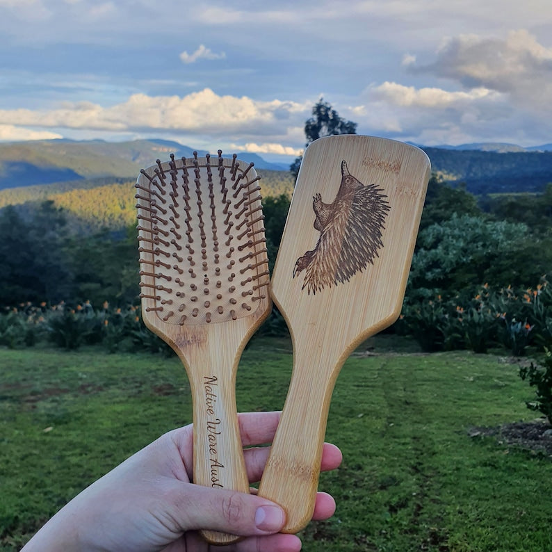 Echidna Australian Native Engraved Bamboo Hairbrush Paddle Rectangle Anti Static