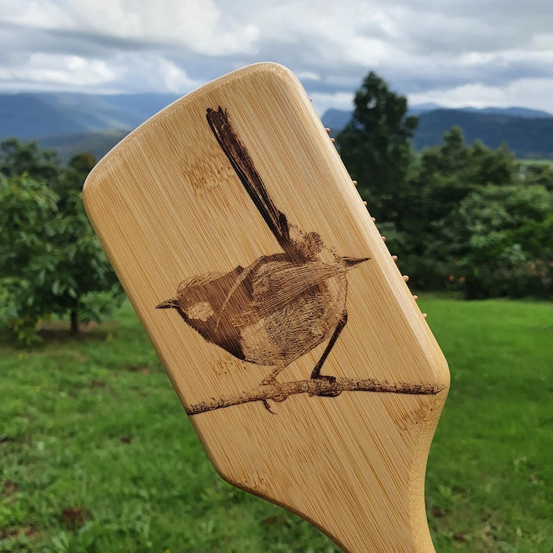 Fairy Wren Australian Native Engraved Bamboo Hairbrush Paddle Rectangle Anti Static