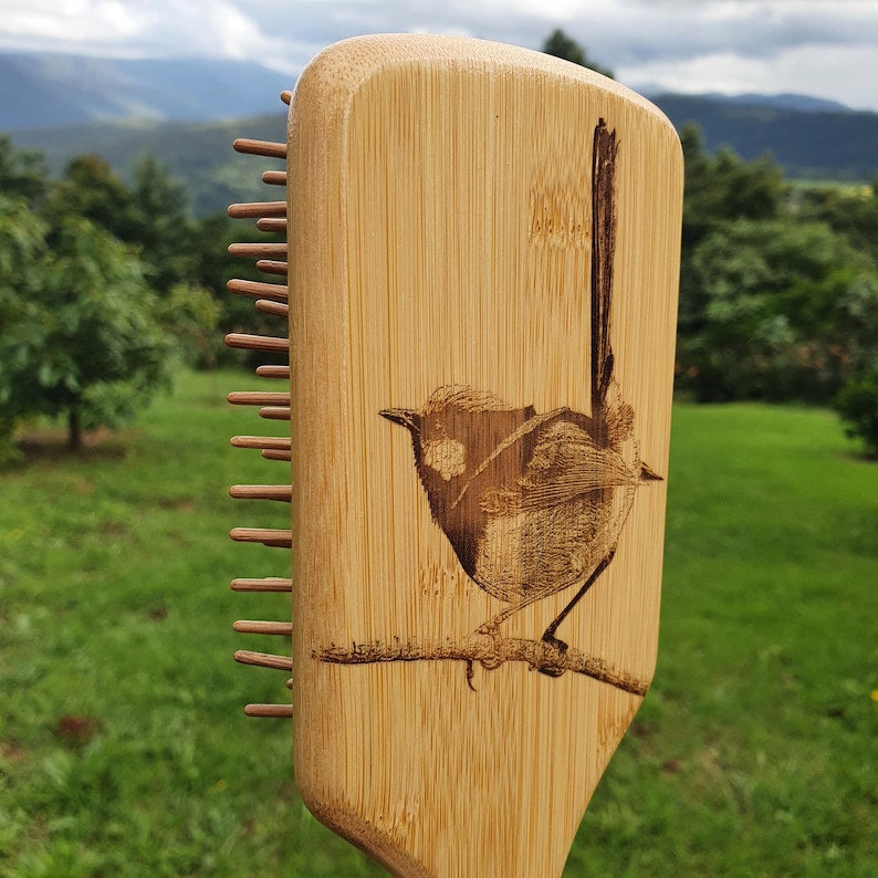 Fairy Wren Australian Native Engraved Bamboo Hairbrush Paddle Rectangle Anti Static