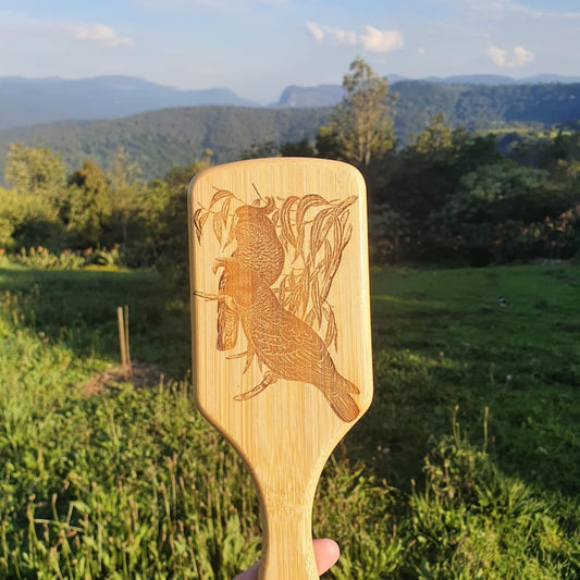 Gang Gang Cockatoo Australian Native Engraved Bamboo Hairbrush Paddle Rectangle Anti Static