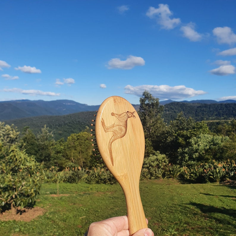 Kangaroo Australian Native Engraved Bamboo Hairbrush Paddle Anti Static
