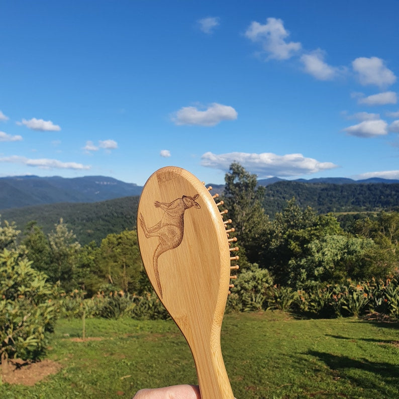 Kangaroo Australian Native Engraved Bamboo Hairbrush Paddle Anti Static