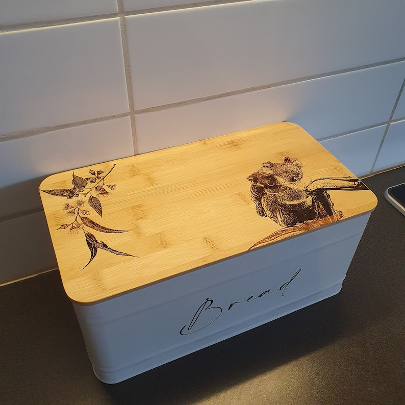 Koala & Eucalyptus Custom Engraved Australian Native Bread Box Kitchen Storage