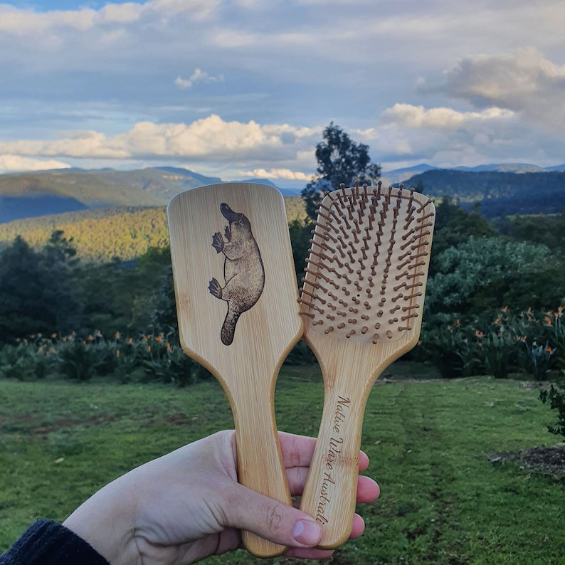 Platypus Australian Native Engraved Bamboo Hairbrush Paddle Rectangle Anti Static