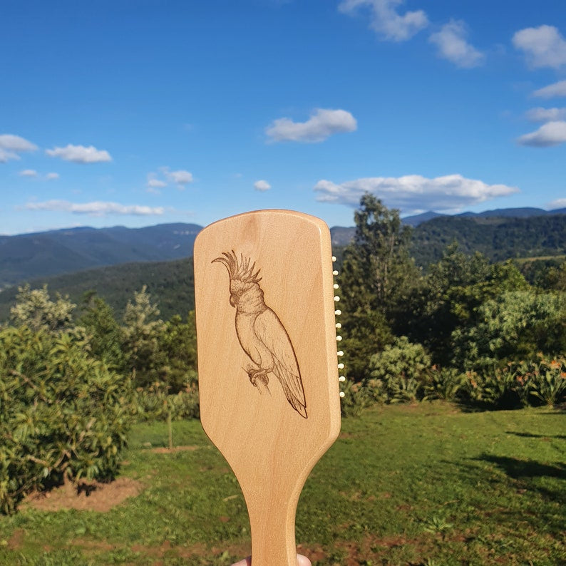 Sulphur-crested Cockatoo Australian Native Engraved Bamboo Hairbrush Paddle Rectangle Anti Static