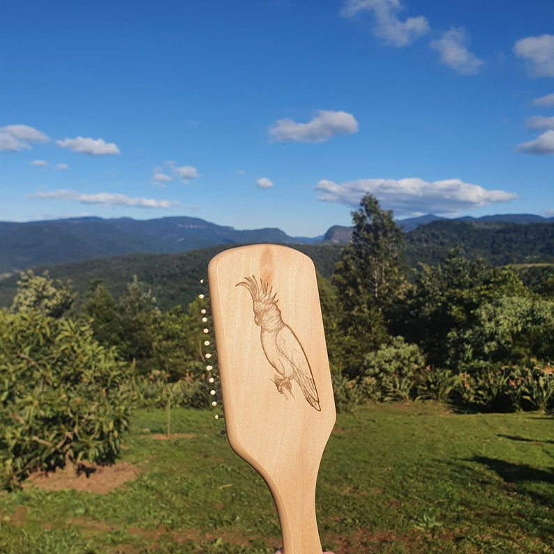 Sulphur-crested Cockatoo Australian Native Engraved Bamboo Hairbrush Paddle Rectangle Anti Static