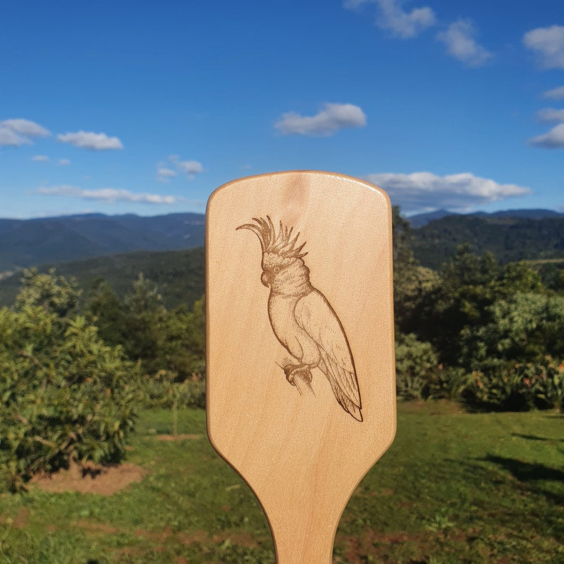 Sulphur-crested Cockatoo Australian Native Engraved Bamboo Hairbrush Paddle Rectangle Anti Static