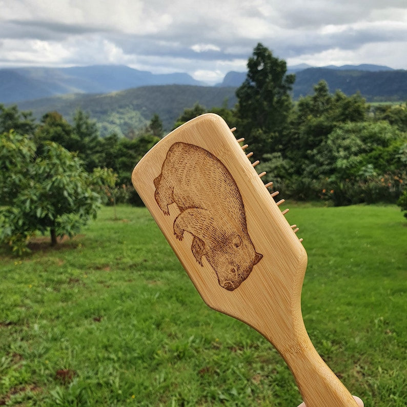 Wombat Australian Native Engraved Bamboo Hairbrush Paddle Rectangle Anti Static