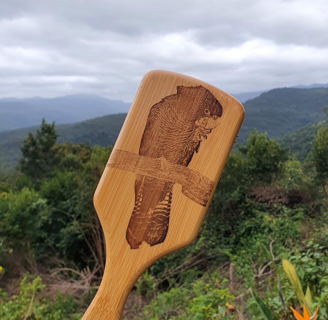 Red-tailed Black Cockatoo Australian Native Engraved Bamboo Hairbrush Paddle Rectangle Anti Static