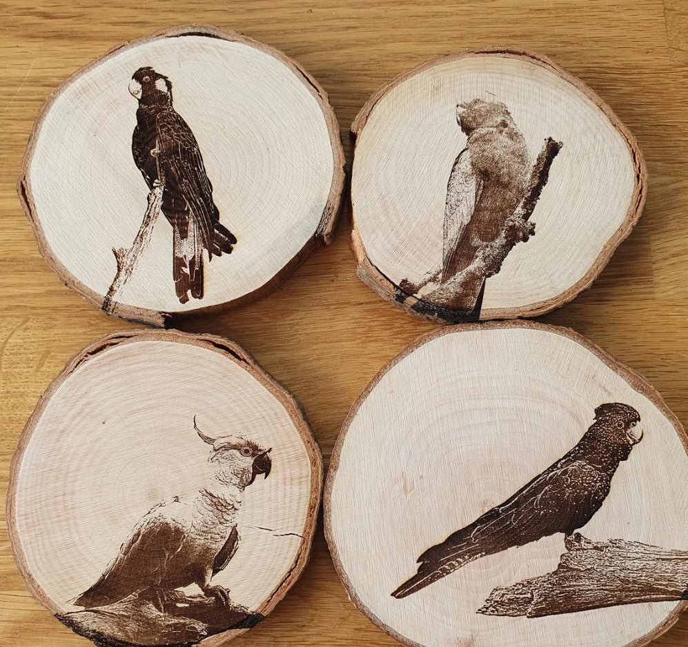 Australian Cockatoo Coaster Set Red-tailed, Sulphur Cockatoo, Yellow-tailed Black Cockatoo, Galah Custom Engraved