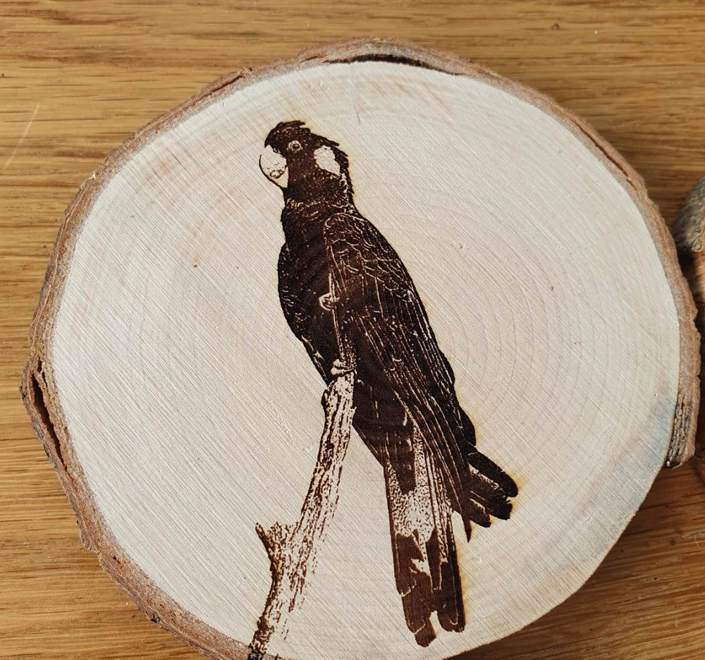 Australian Cockatoo Coaster Set Red-tailed, Sulphur Cockatoo, Yellow-tailed Black Cockatoo, Galah Custom Engraved