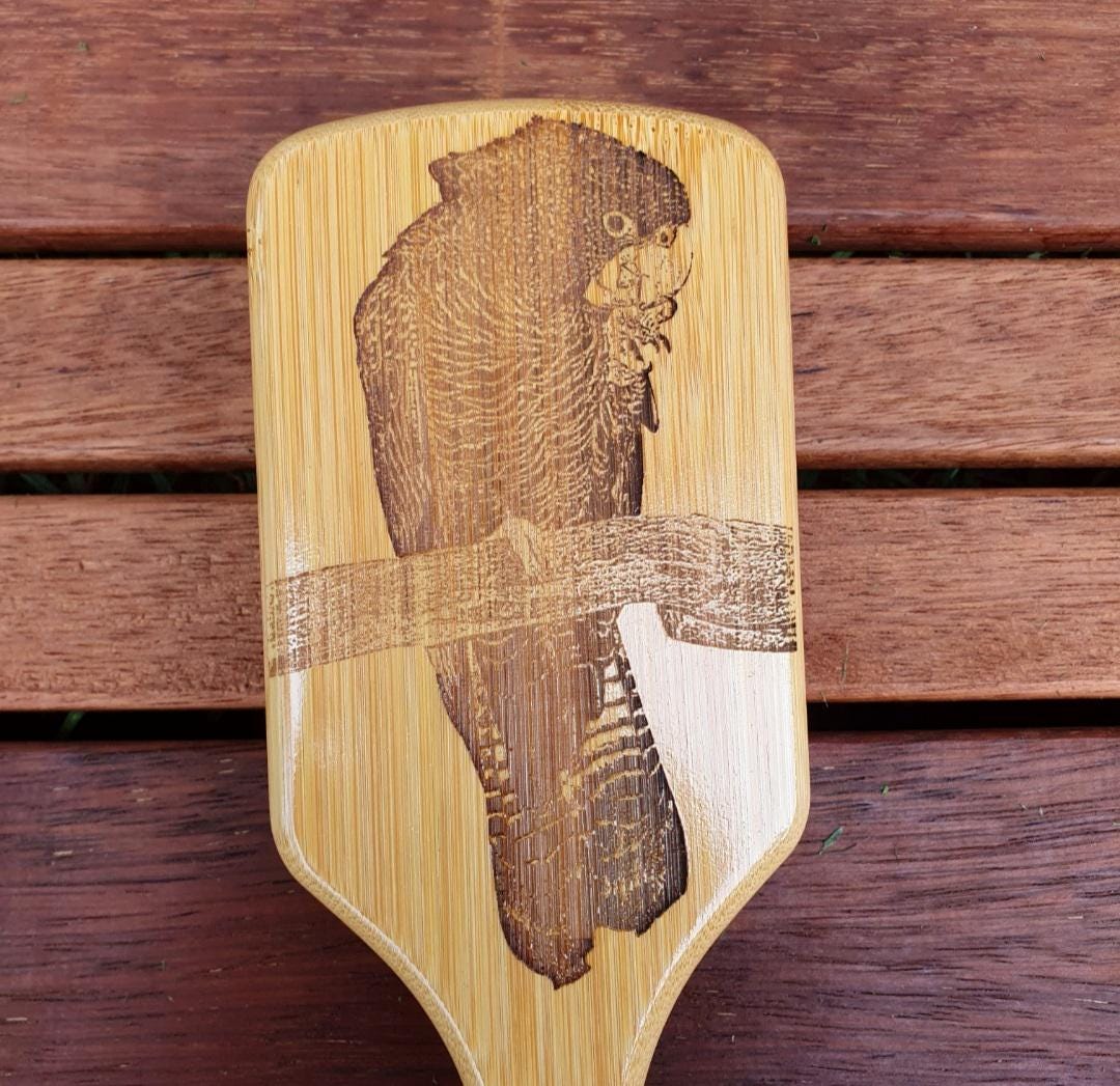 Red-tailed Black Cockatoo Australian Native Engraved Bamboo Hairbrush Paddle Rectangle Anti Static
