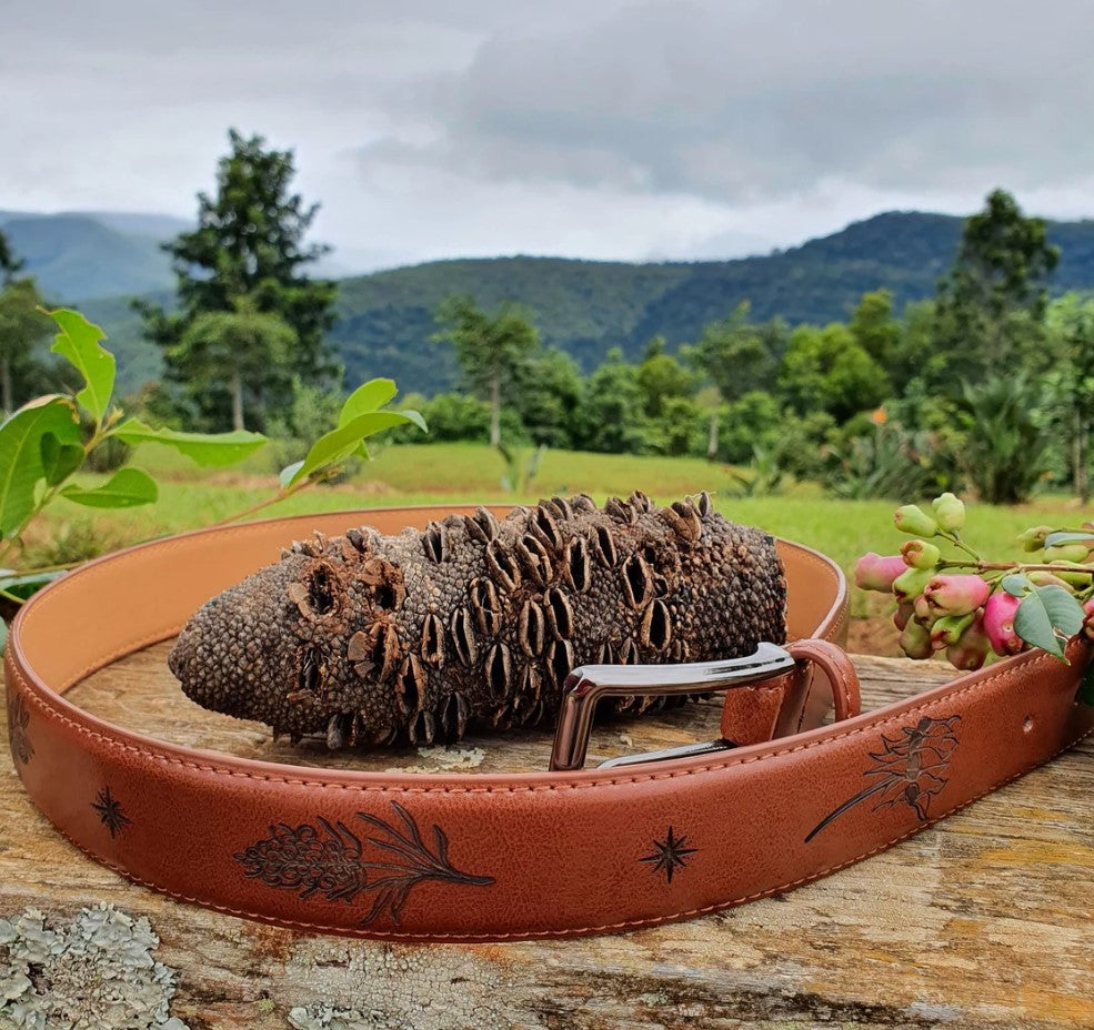 Australian Native Flora Engraved Genuine Leather Belt