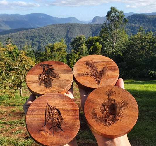 Australian Flora Coaster Set Custom Engraved Banksia, Callistemon, Grevillea, Wattle