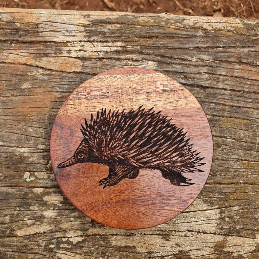 Australian Native Mammal Hardwood Coaster Set Custom Engraved Echidna, Wombat, Tasmanian Devil, Dingo
