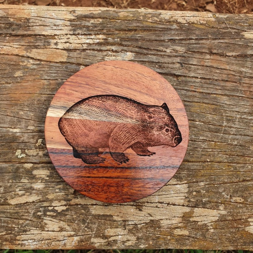 Australian Native Mammal Hardwood Coaster Set Custom Engraved Echidna, Wombat, Tasmanian Devil, Dingo