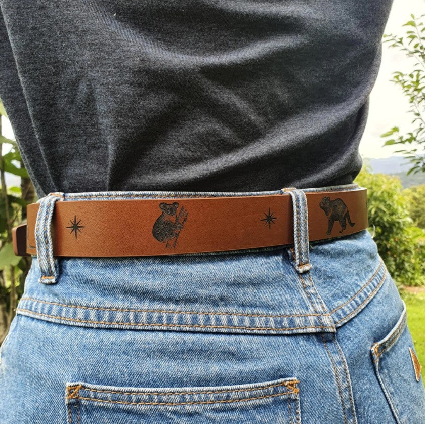 Australian Native Mammals Engraved Genuine Leather Belt