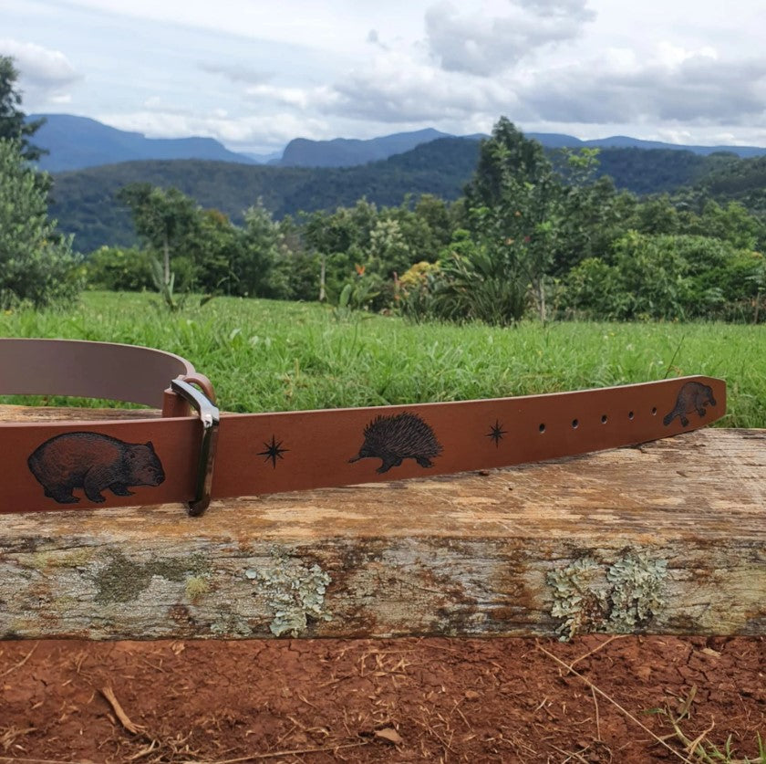 Australian Native Mammals Engraved Genuine Leather Belt