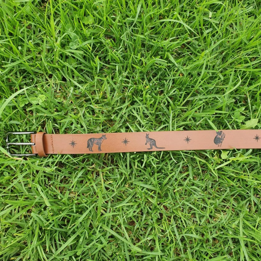 Australian Native Mammals Engraved Genuine Leather Belt