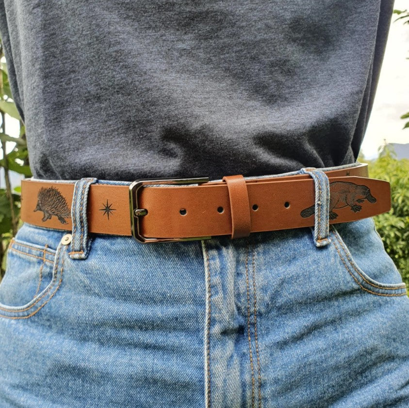 Australian Native Mammals Engraved Genuine Leather Belt
