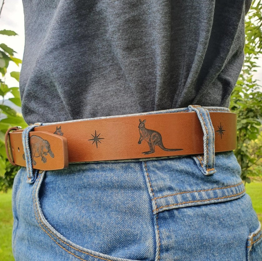 Australian Native Mammals Engraved Genuine Leather Belt