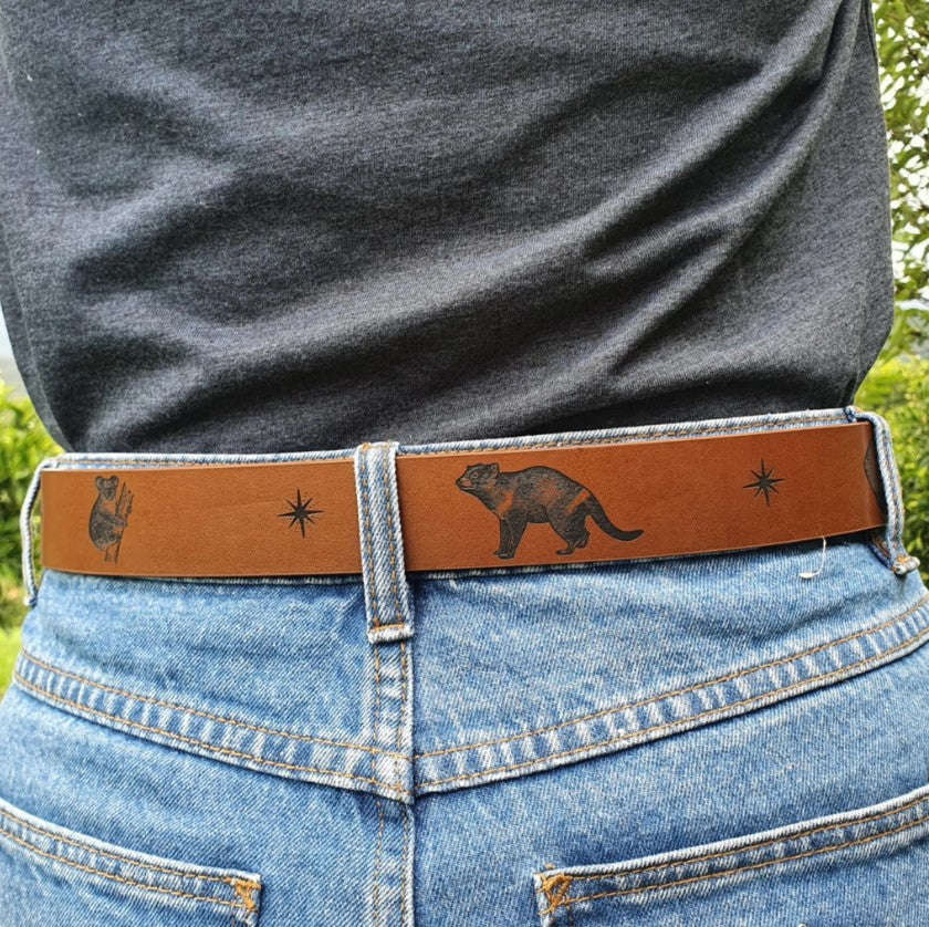 Australian Native Mammals Engraved Genuine Leather Belt