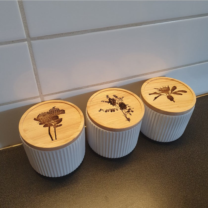 Australian Native Flora Storage Jars Custom Engraved Kitchen Bathroom Bedroom