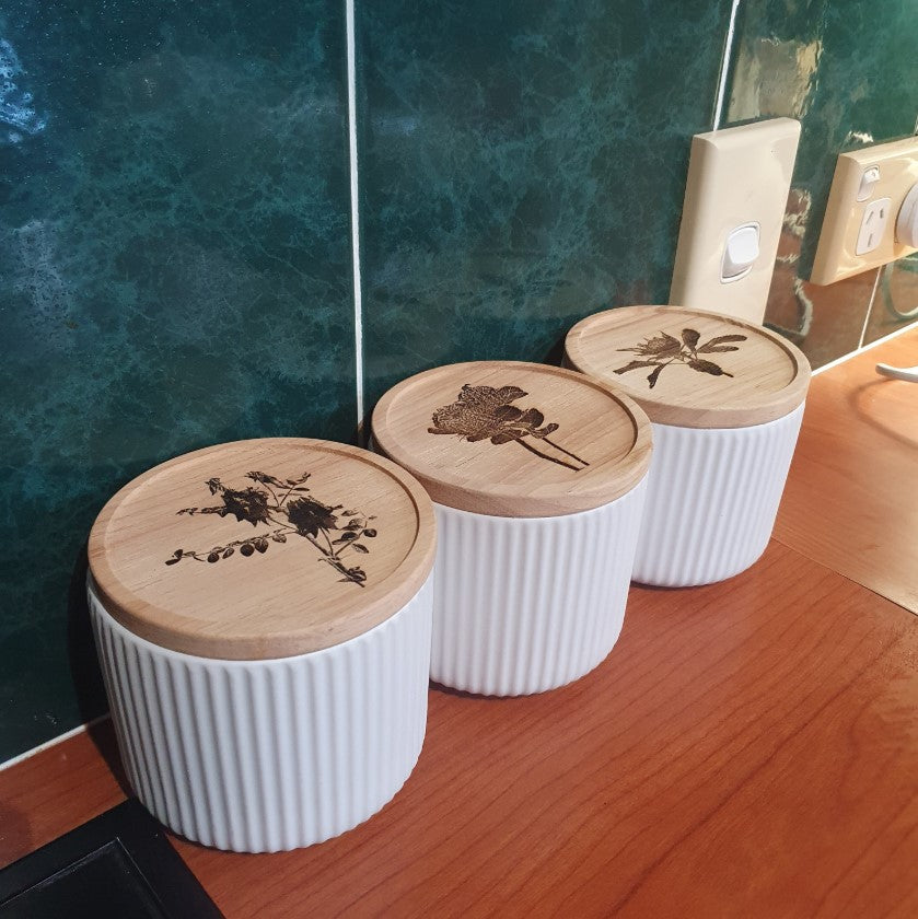 Australian Native Flora Storage Jars Custom Engraved Kitchen Bathroom Bedroom