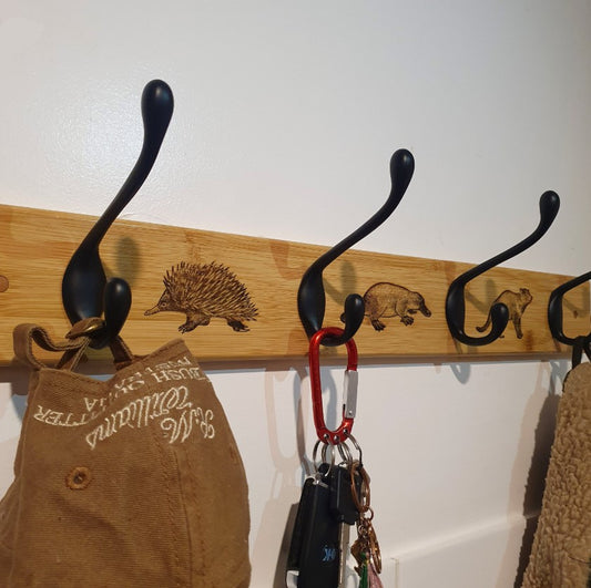 Australian Native Mammal (Echidna, Platypus, Tasmanian Devil) Timber & Metal Hooks Wall Fixture Coat Hat Towel Keys Hanger