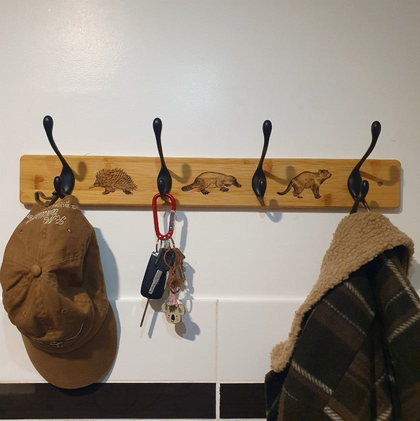 Australian Native Mammal (Echidna, Platypus, Tasmanian Devil) Timber & Metal Hooks Wall Fixture Coat Hat Towel Keys Hanger
