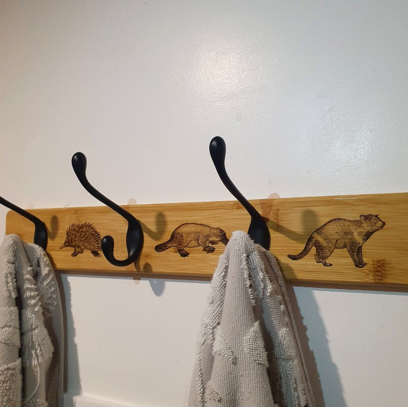 Australian Native Mammal (Echidna, Platypus, Tasmanian Devil) Timber & Metal Hooks Wall Fixture Coat Hat Towel Keys Hanger