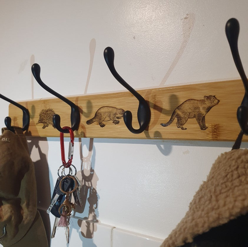 Australian Native Mammal (Echidna, Platypus, Tasmanian Devil) Timber & Metal Hooks Wall Fixture Coat Hat Towel Keys Hanger