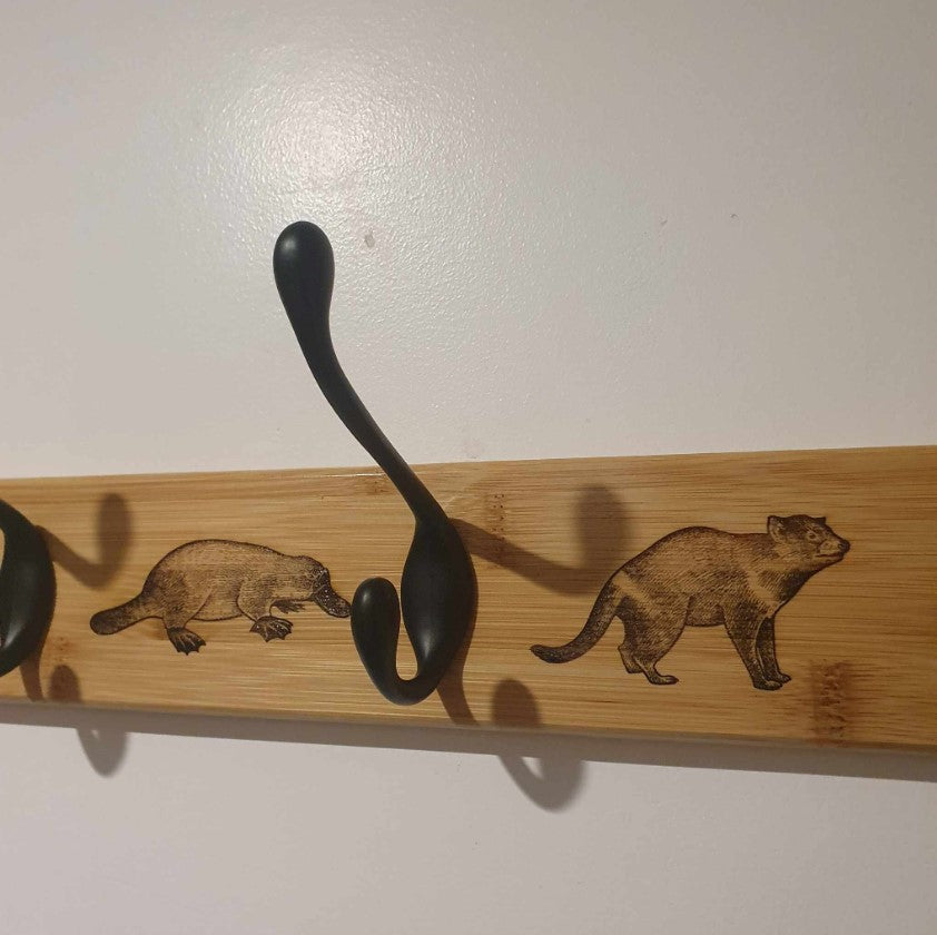Australian Native Mammal (Echidna, Platypus, Tasmanian Devil) Timber & Metal Hooks Wall Fixture Coat Hat Towel Keys Hanger